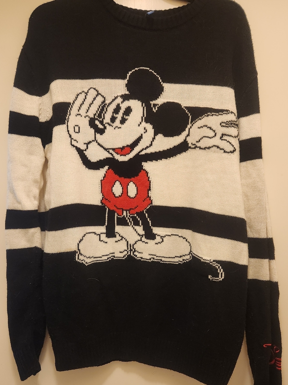 H&M Disney Men's Black, White & Red Mickey Mouse Striped Crewneck Sweater, Large